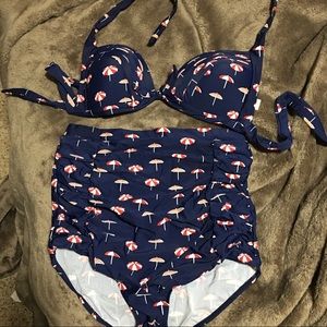Retro 50s umbrella bathing suit blue bikini